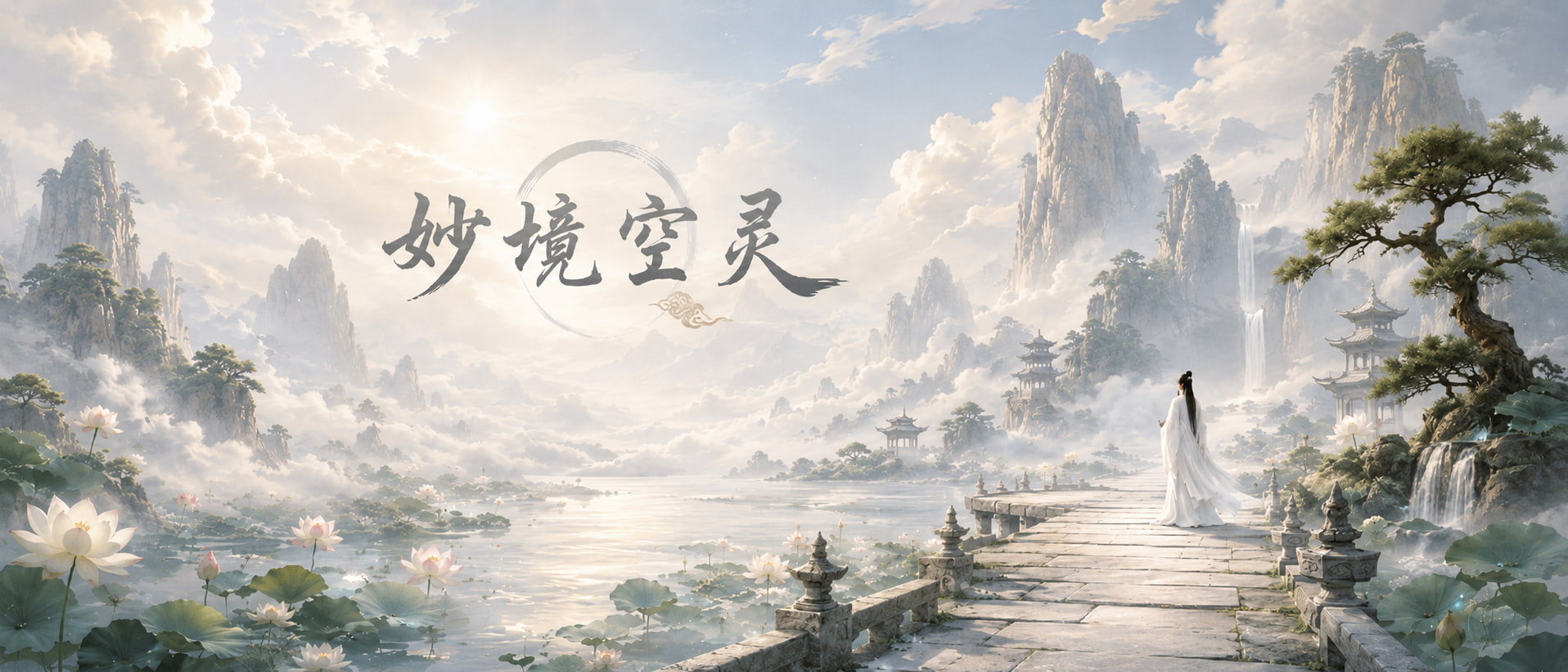 妙境空灵修行最高境界横幅图，云雾仙山、莲花湖与白衣修行者象征心无所住、情无所系的空灵觉悟状态 ...
