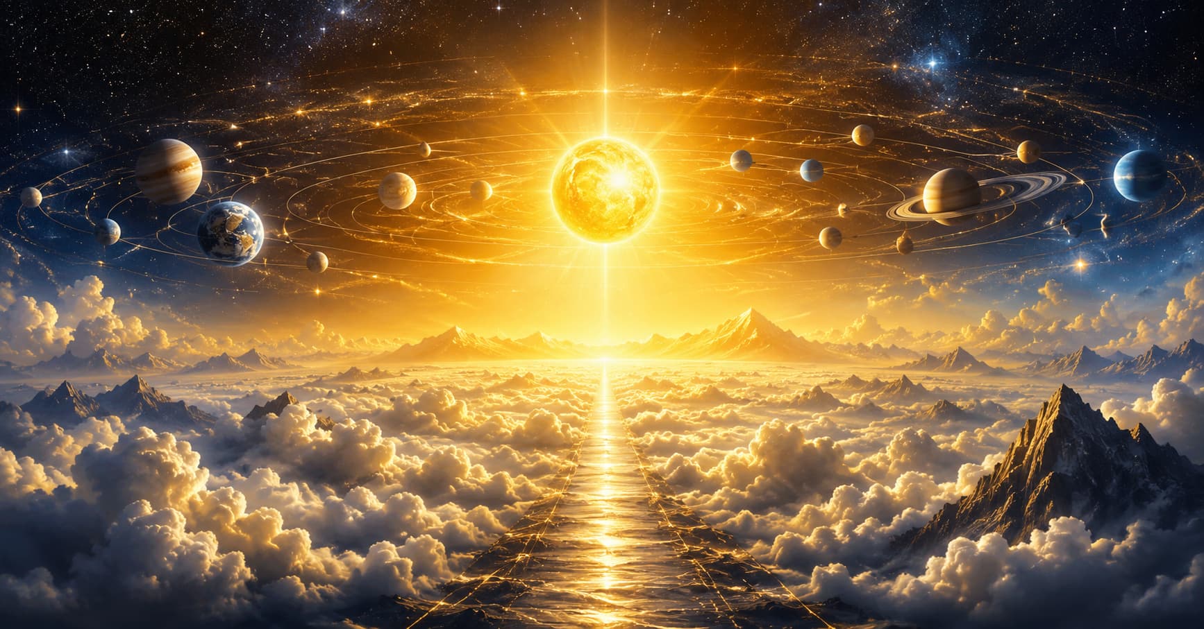 金色太阳引领行星沿既定轨道运行，下方云海与光明之路相映，象征自然法则、宇宙秩序与精神引导高于人为选择 ...