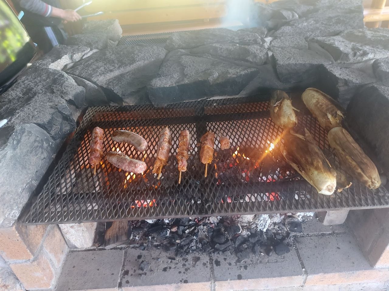  鸡腿、羊肉、虾与牛肉串同时在柴火上烤制——生命禅院加拿大社区烧烤聚会场景 ...